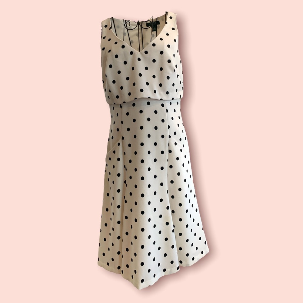 Lauren by Ralph Lauren sleeveless plunge neckline dress cream polka dot size 8